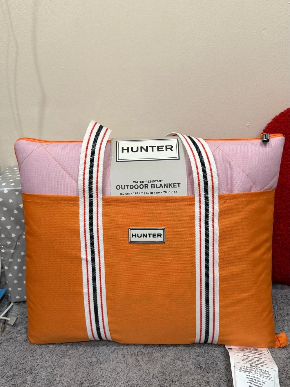Hunter Pink and Orange Striped-Handle Outdoor Blanket Tote
